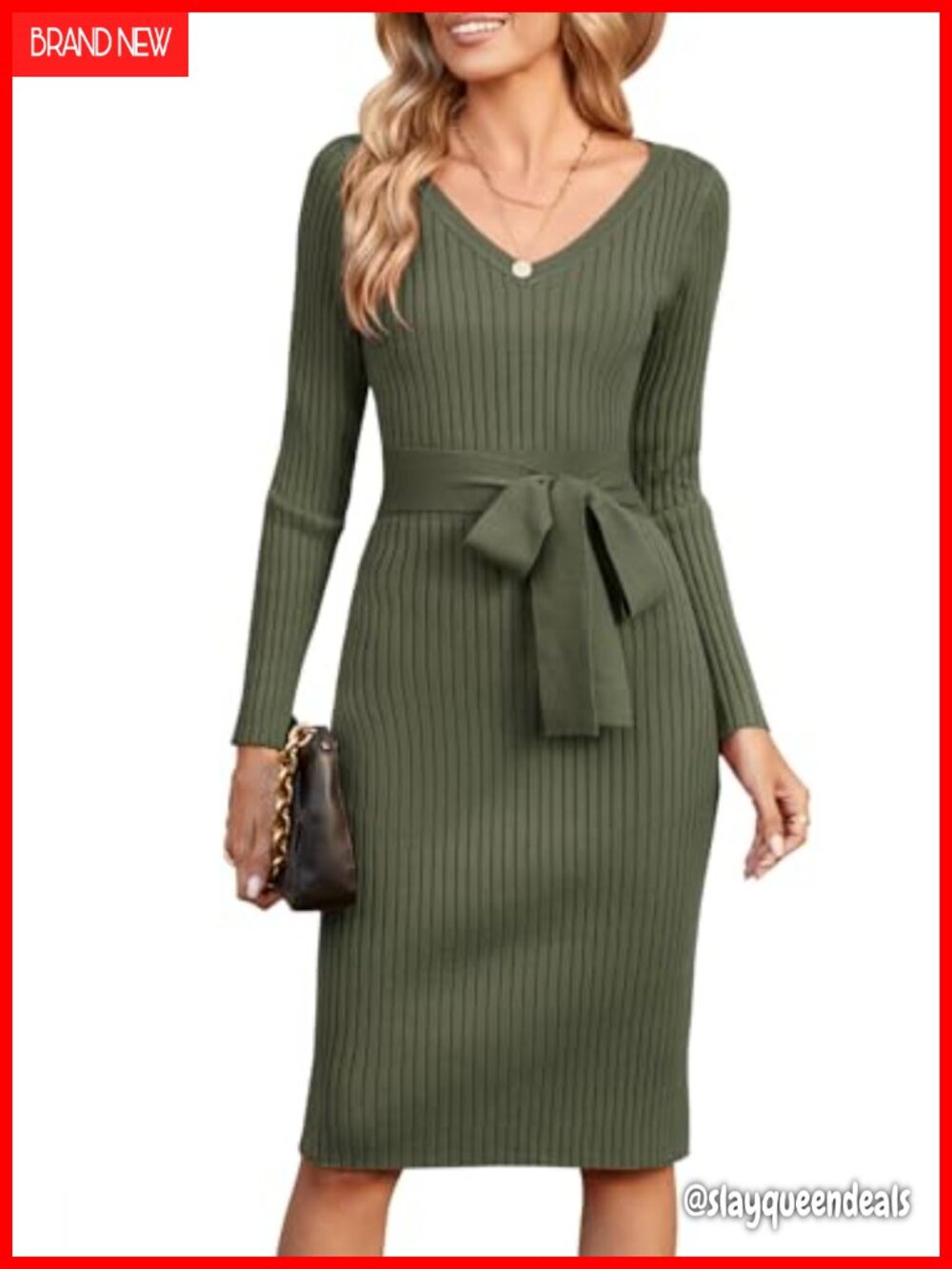 Women's Ribbed Sweater Midi Dress Belted Bodycon Long Sleeve V-Neck